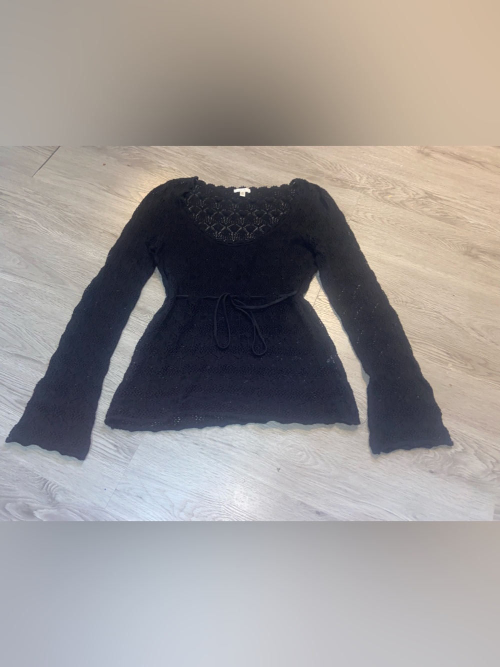 Cache Black Lace-Knit Tie-Waist Scoop Neck Sweater
